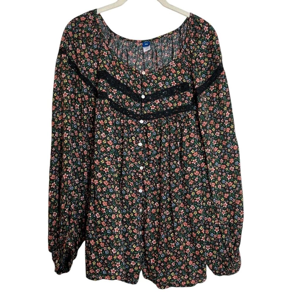 Old Navy Womens Floral Blouse Size XXL Multicolor Cottagecore Lace Trim
